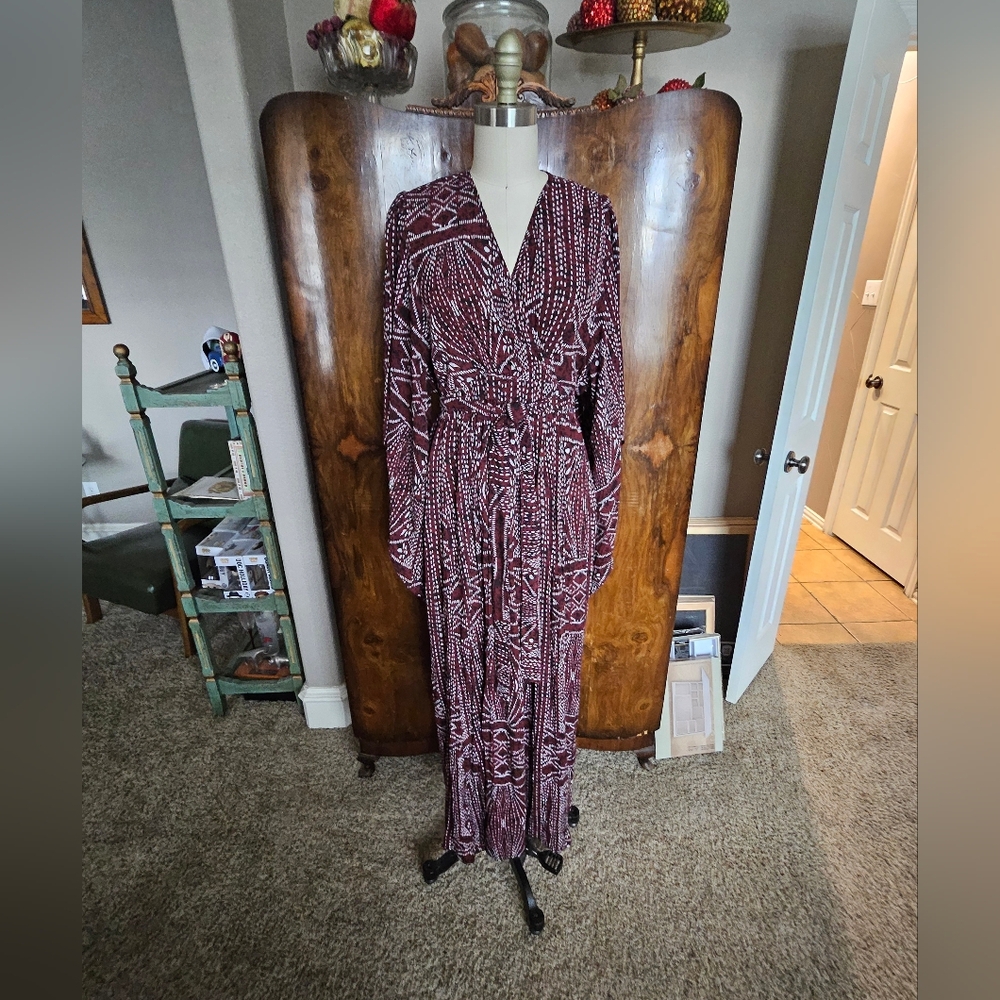 Tysa Burgundy Patterned Wrap Kimono Bell Sleeve Dress